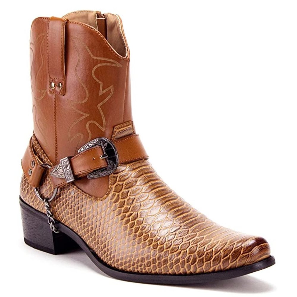 Men's Tan Western Harness Boots - Leather Exotic Texture